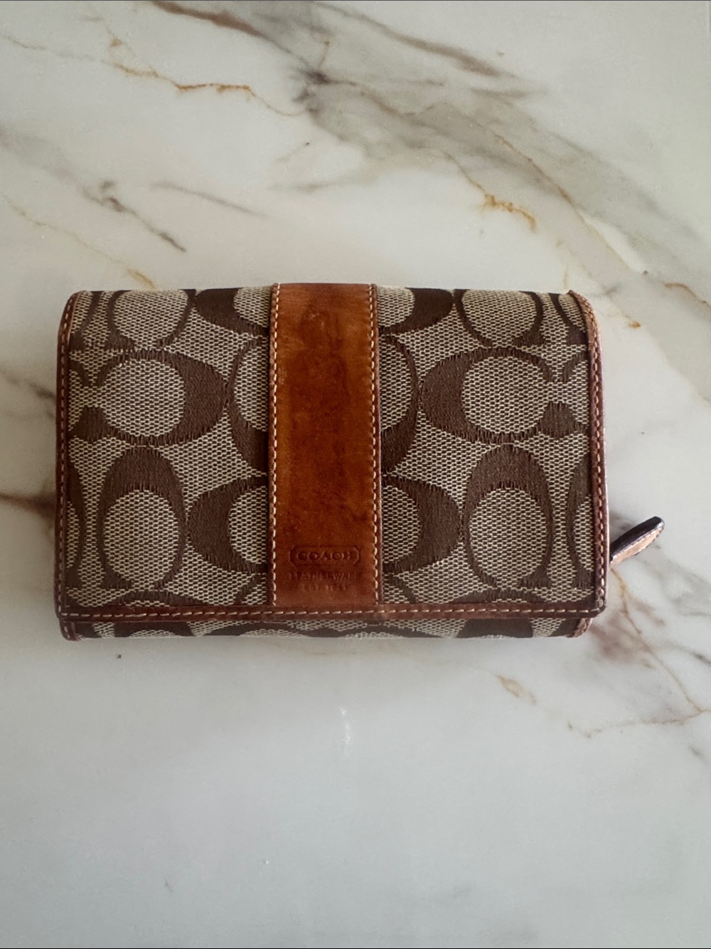 Coach Brown Signature Canvas Wallet with Leather Stripe